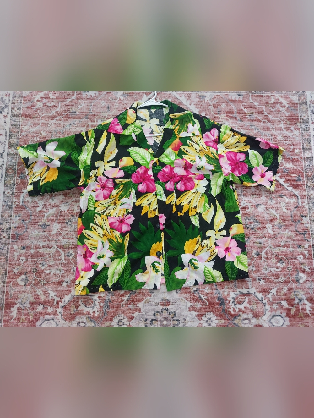 Tropical Floral Button-Up Shirt in Black, Pink, Yellow, Green Size: XL